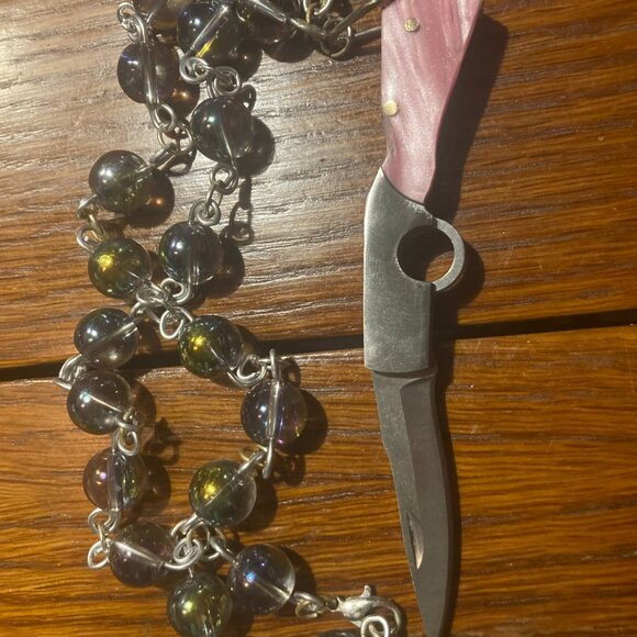 Handmade Pink Pocket Knife Rainbow Shimmer Glass Necklace - Picture 3 of 3